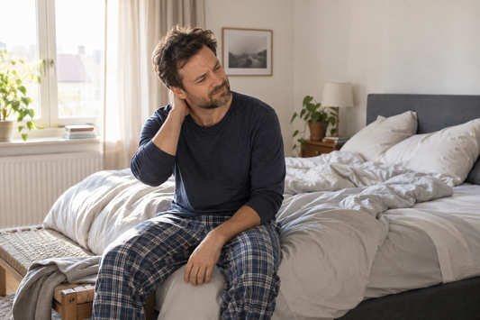 Man op de rand van zijn bed houdt zijn nek vast bij lichte ochtendstijfheid.