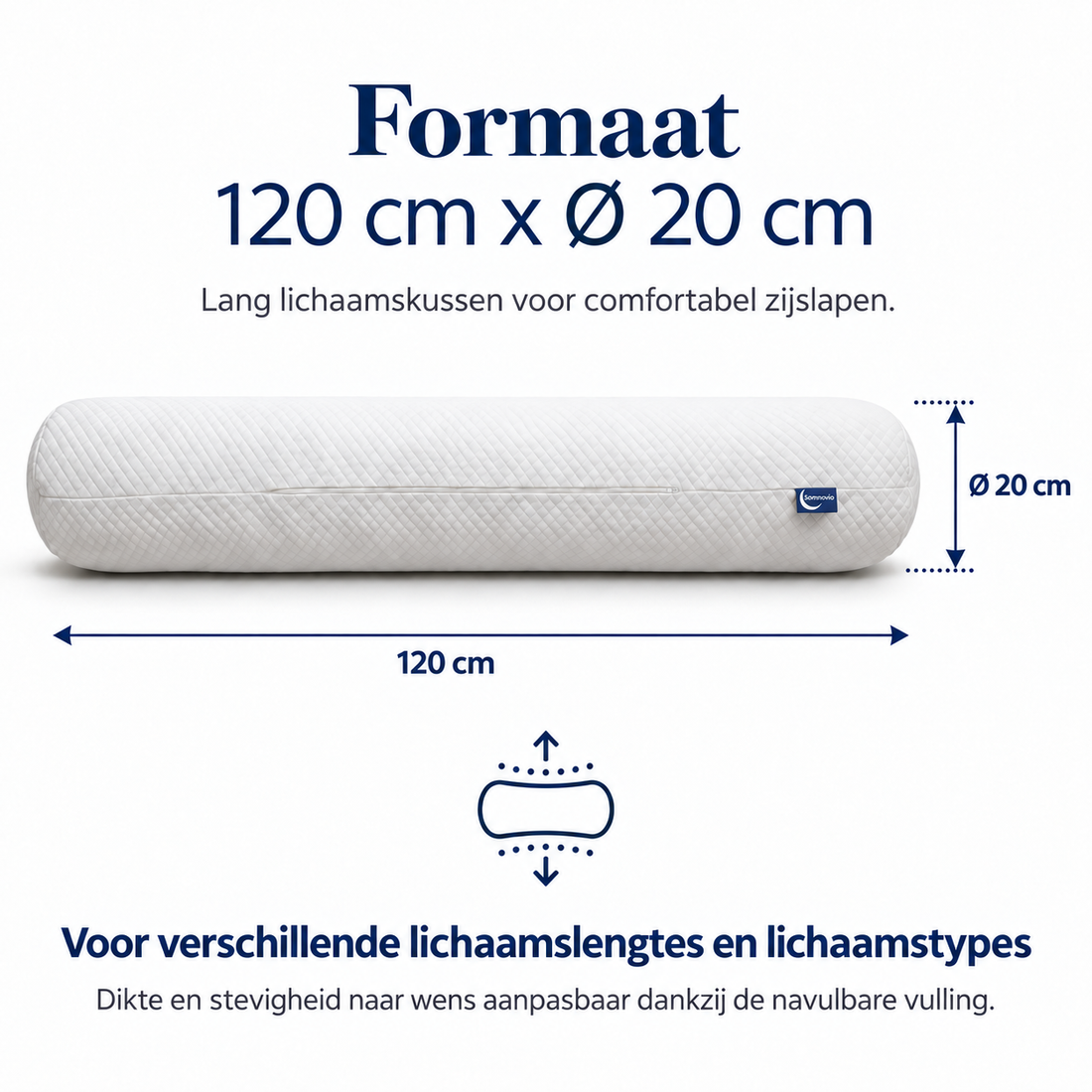 Afmetingen Somnovio lichaamskussen: 120 cm lang en 20 cm doorsnede, met aanpasbare vulling