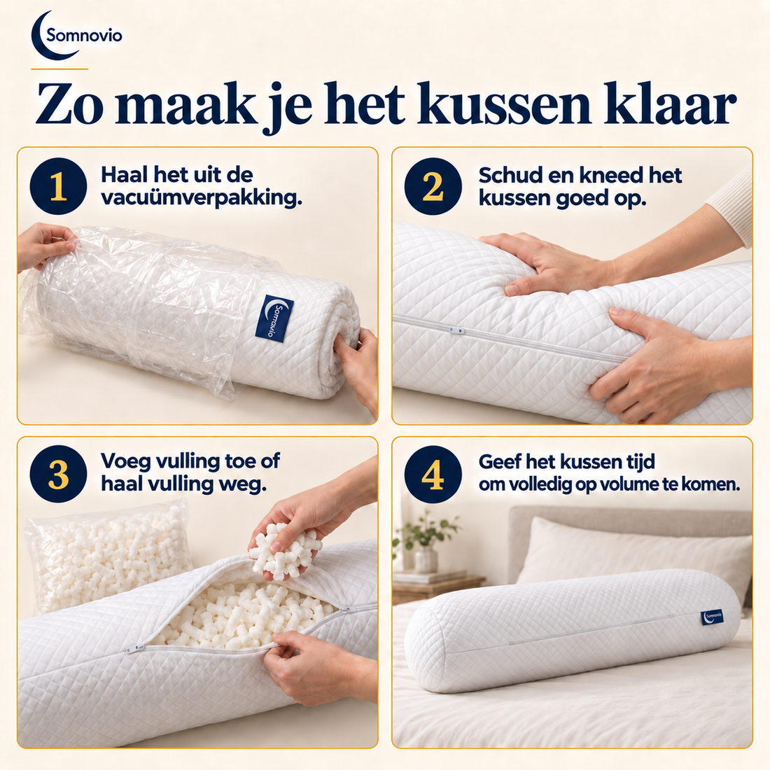 Vier stappen: uitpakken, opschudden, vulling aanpassen en op volume laten komen